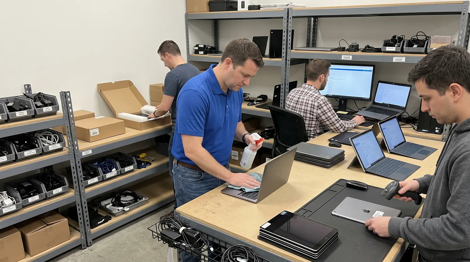 CTI team refurbishing, tagging, configuring, and redeploying business devices